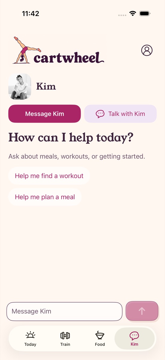 The Cartwheel app home screen, where you can message Kim about meals and workouts