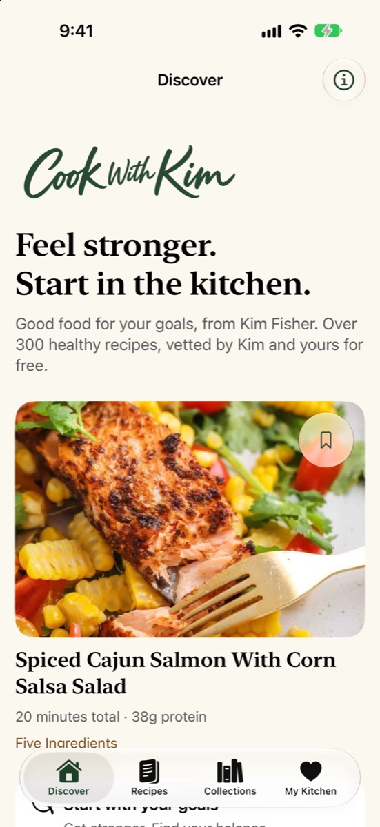 The Discover screen of the Cook With Kim app, showing a high-protein spiced Cajun salmon salad