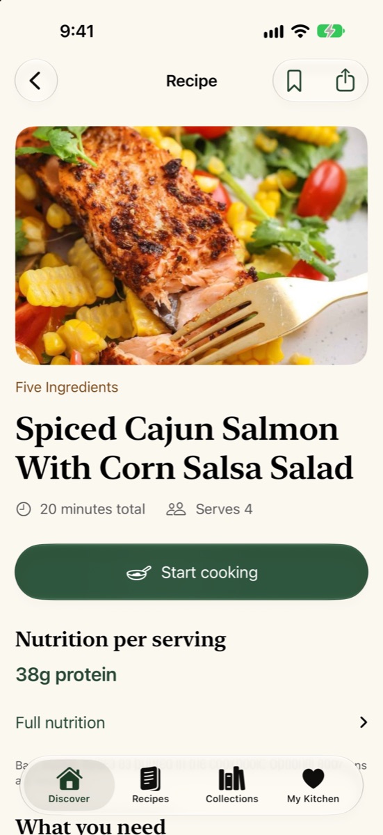 Cook With Kim recipe screen for spiced Cajun salmon with corn salsa salad, showing 38 grams of protein per serving