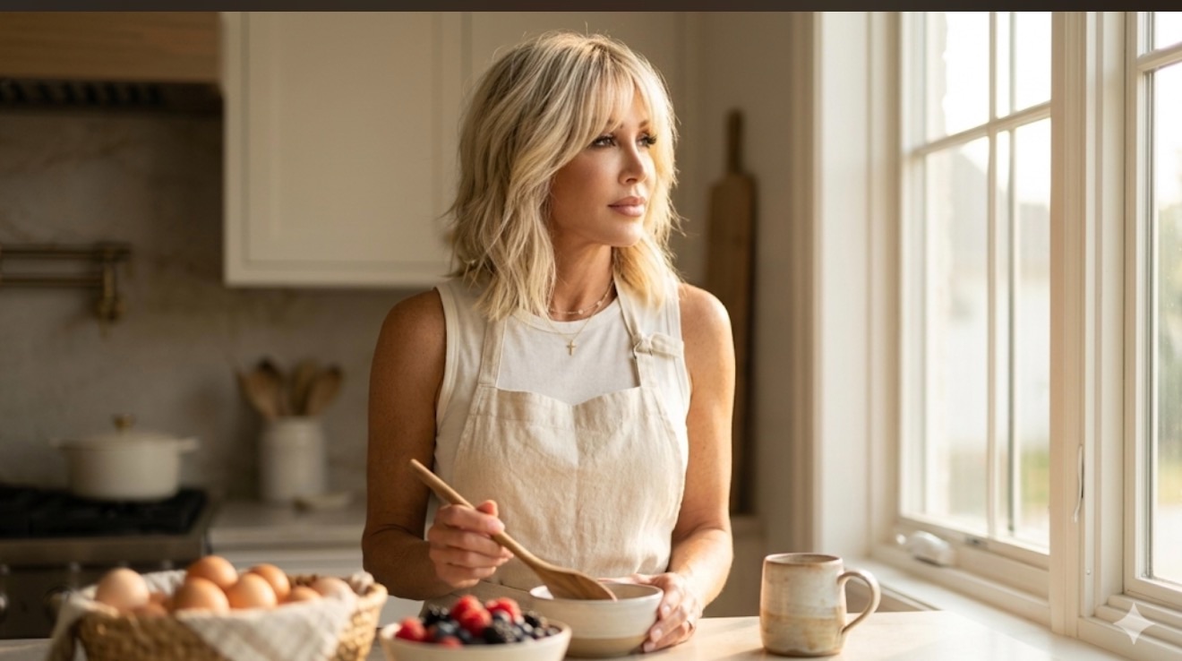 Midlife woman pausing mid-sentence in a sunlit kitchen, searching for a word that won't come
