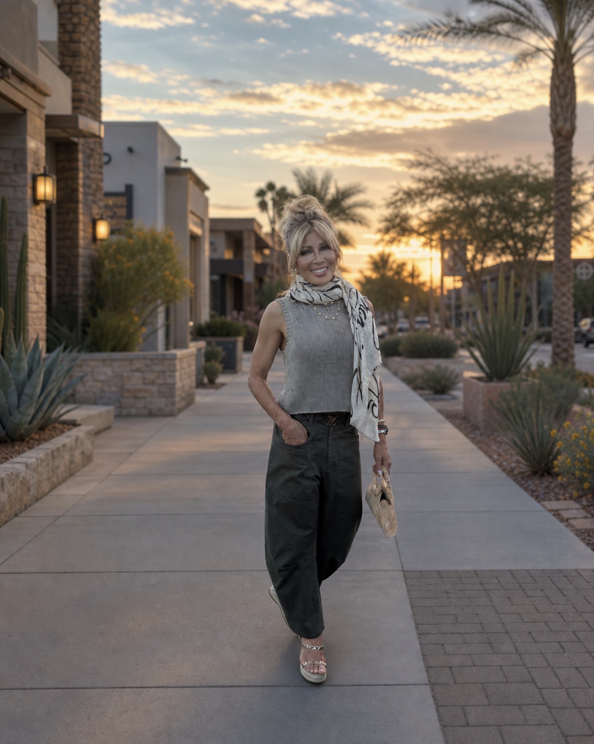 Kim Fisher walking briskly along a sunlit desert sidewalk at golden hour
