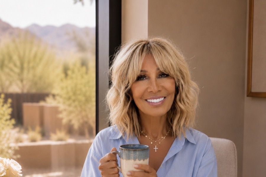 Kim Fisher at a sunlit desk with her laptop and a mug of coffee, smiling, desert view through the window.