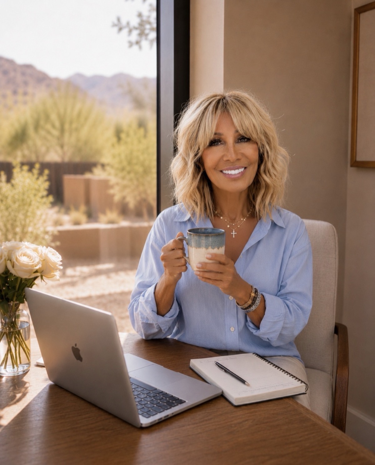 Kim Fisher at a sunlit desk with her laptop and a mug of coffee, smiling, desert view through the window.