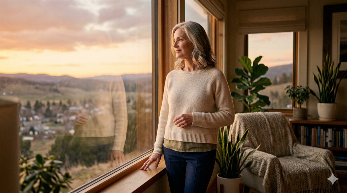 Woman at window at golden hour