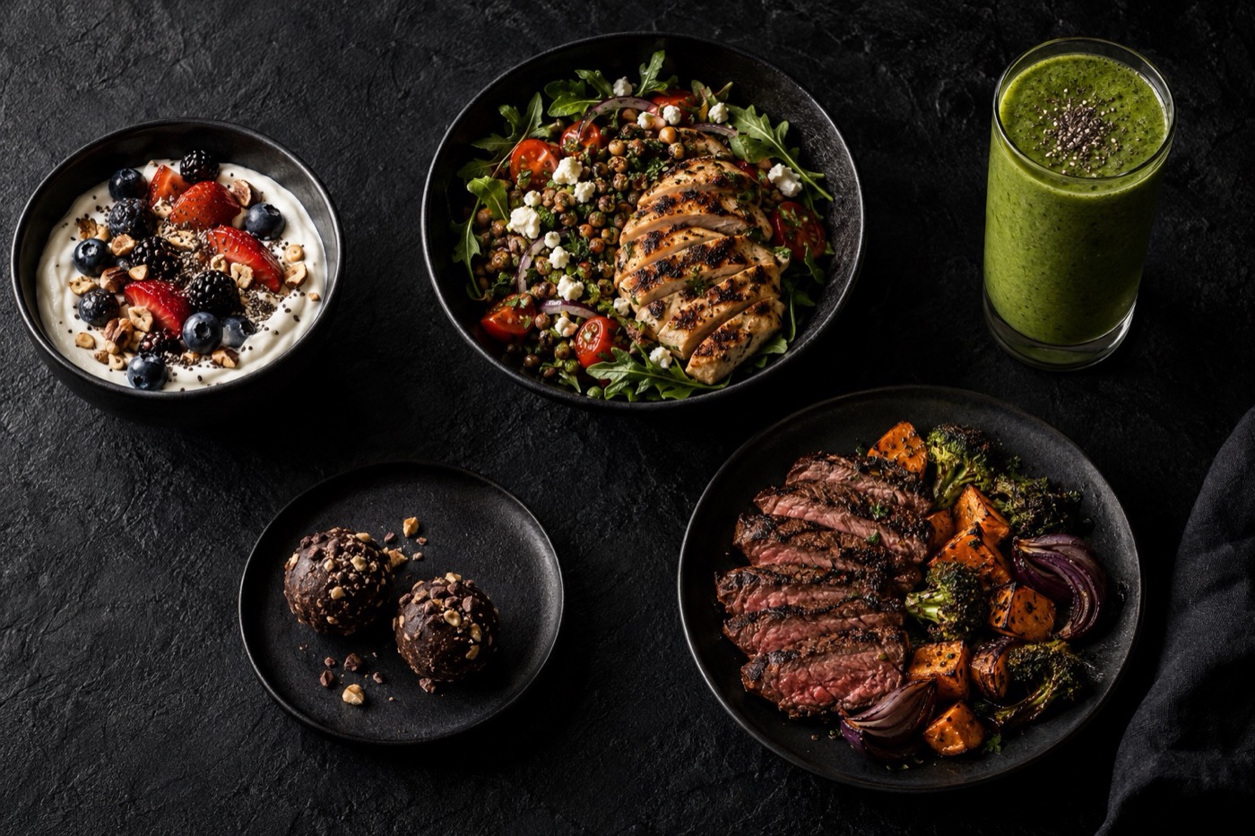 Five high-protein meals on black stoneware: a yogurt bowl with berries, a chicken and lentil salad, sliced steak with roasted vegetables, chocolate protein bites, and a green smoothie